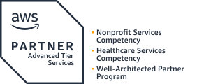 AWS Partner Advanced Tier Services badge with Healthcare Services Competency and Well-Architected Partner Program